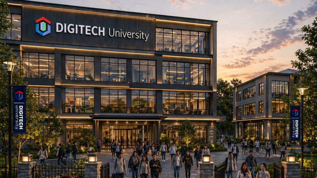 Gedung kampus Digitech University yang modern dengan mahasiswa berjalan di halaman, cocok untuk pilihan jurusan kuliah murah gaji besar.