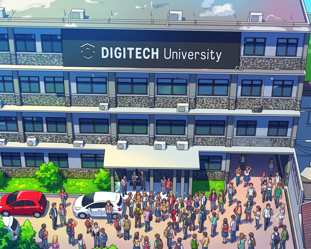 Ilustrasi digital gedung kampus DIGITECH University dengan kerumunan mahasiswa di halaman depan.