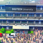 Ilustrasi digital gedung kampus DIGITECH University dengan kerumunan mahasiswa di halaman depan.