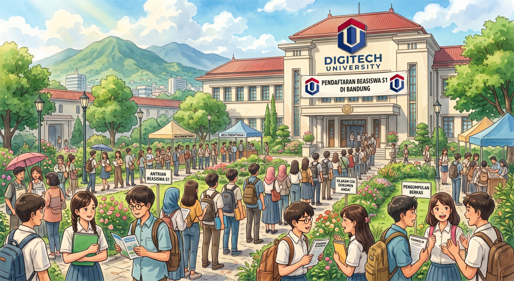 Ilustrasi keramaian pelajar di depan gedung Digitech University untuk mengikuti acara "Pendaftaran Beasiswa S1 di Bandung".