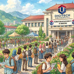 Ilustrasi keramaian pelajar di depan gedung Digitech University untuk mengikuti acara "Pendaftaran Beasiswa S1 di Bandung".