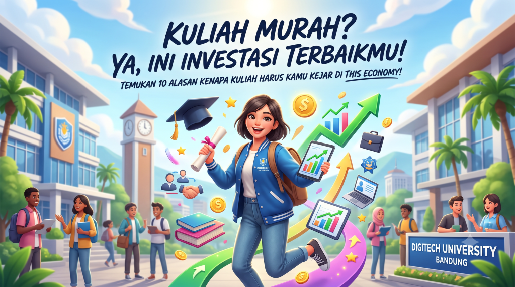 Ilustrasi mahasiswa sukses di kampus Digitech University Bandung sebagai representasi 10 alasan mengapa kuliah masih menjadi investasi terbaik in this economy, dengan opsi kuliah murah untuk lulusan SMA dan SMK
