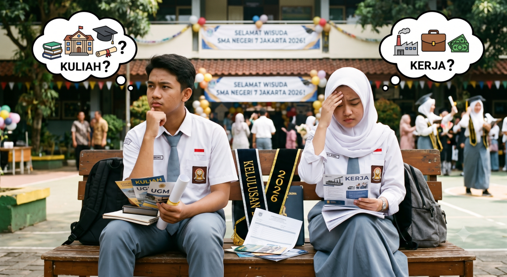 Dua siswa SMA dengan seragam putih abu-abu sedang bingung memilih antara kuliah atau kerja setelah kelulusan sekolah.