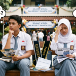 Dua siswa SMA dengan seragam putih abu-abu sedang bingung memilih antara kuliah atau kerja setelah kelulusan sekolah.