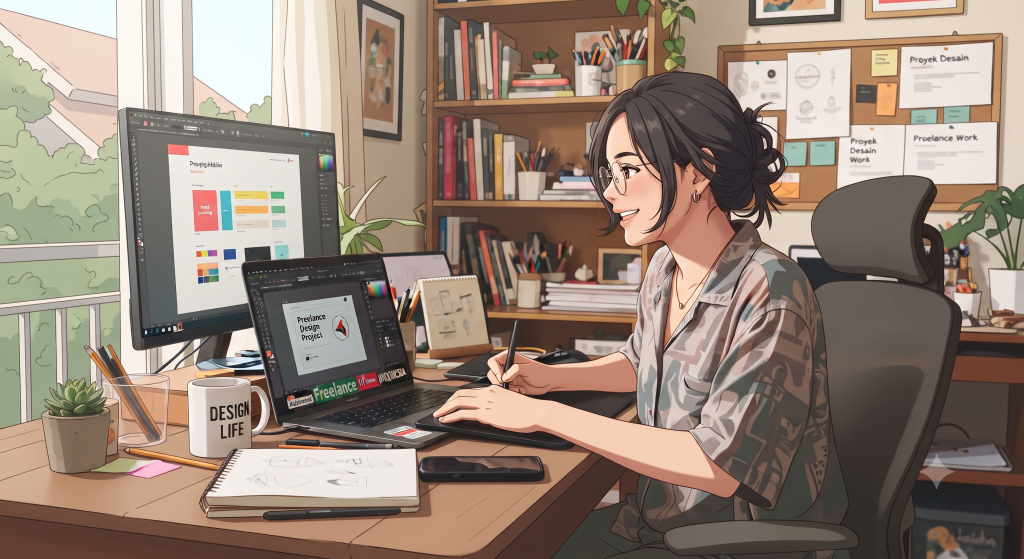 Ilustrasi gaya anime seorang desainer grafis freelance dan remote yang bekerja produktif di kantor rumahnya yang nyaman, menggunakan pena tablet dan dua layar monitor dengan proyek desain yang terlihat.