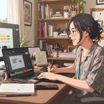 Ilustrasi gaya anime seorang desainer grafis freelance dan remote yang bekerja produktif di kantor rumahnya yang nyaman, menggunakan pena tablet dan dua layar monitor dengan proyek desain yang terlihat.
