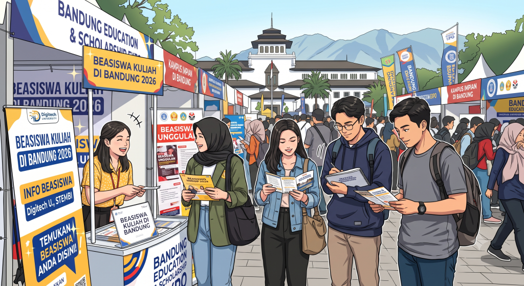komik yang menampilkan suasana ramai pameran pendidikan di luar ruangan dengan latar belakang Gedung Sate dan pegunungan. Di area depan, seorang petugas stan wanita tersenyum melayani empat calon mahasiswa yang sedang membaca brosur dan mencatat informasi. Terdapat banyak stan dengan spanduk bertuliskan "Bandung Education & Scholarship Expo" dan "Beasiswa Kuliah di Bandung 2026".