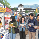 komik yang menampilkan suasana ramai pameran pendidikan di luar ruangan dengan latar belakang Gedung Sate dan pegunungan. Di area depan, seorang petugas stan wanita tersenyum melayani empat calon mahasiswa yang sedang membaca brosur dan mencatat informasi. Terdapat banyak stan dengan spanduk bertuliskan "Bandung Education & Scholarship Expo" dan "Beasiswa Kuliah di Bandung 2026".